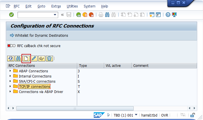 Konfigurationsseite für RFC-Verbindungen mit ausgewählten TCP/IP-Verbindungen und hervorgehobener Schaltfläche „Create (Erstellen)“