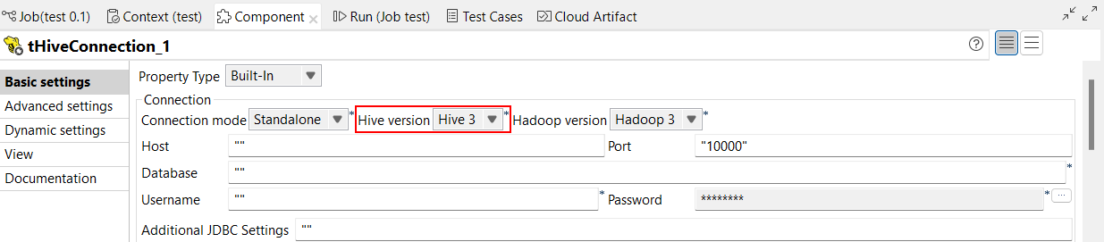 Ansicht Basics settings (Basiseinstellungen) einer Hive-Komponente in einem Standard-Auftrag.