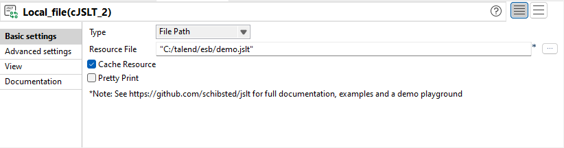 Ansicht Basics settings (Basiseinstellungen) der cJSLT-Komponente in einer Route.