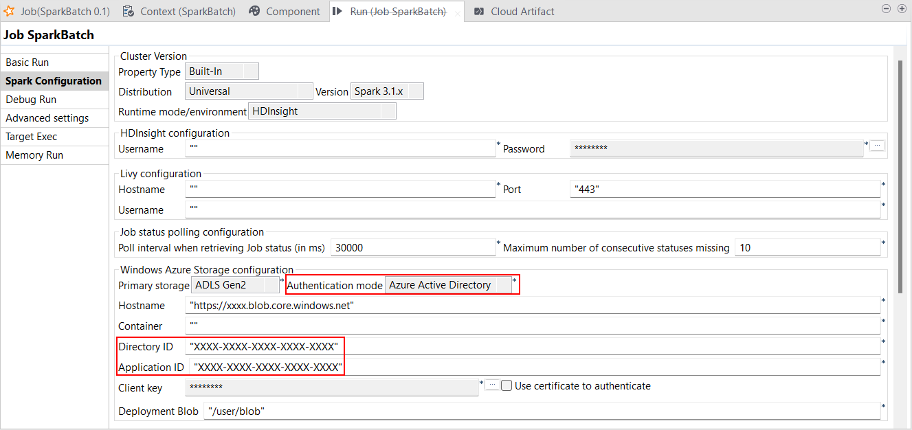 Die Spark-Konfigurationsansicht zeigt Azure Active Directory mit HDInsight.