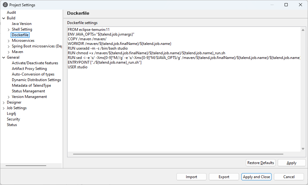 Dialogfeld Project Settings (Projekteinstellungen).