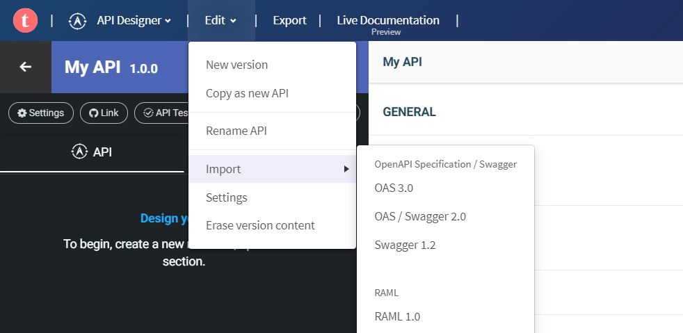 Screenshot of the menu to select a format for importing a definition.