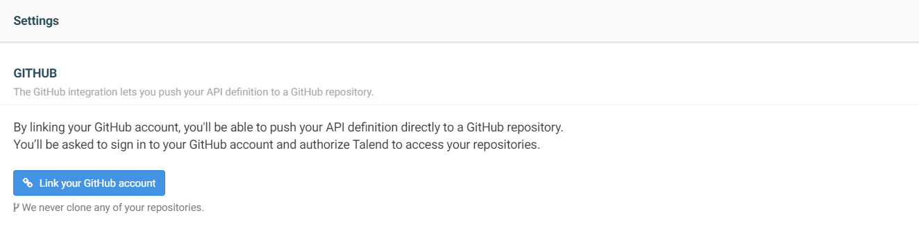 GITHUB section of the API Settings view.