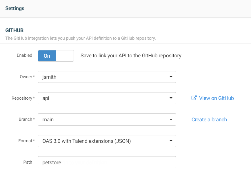 Example settings to link the API definition to a GitHub repository.