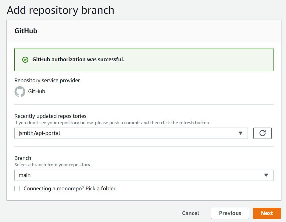 In this example, the repository is jsmith/api-portal and the branch is main.