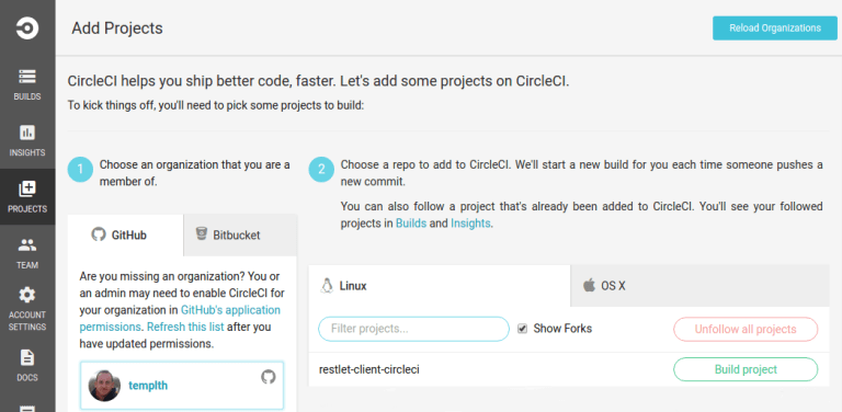 A GitHub user is selected and the "build project" button is displayed.