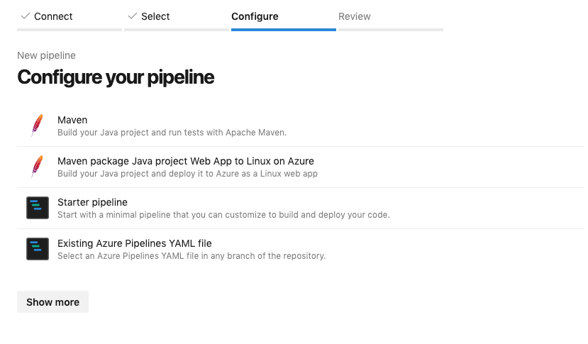 "Configure your pipeline" step with the "Starter pipeline" option.