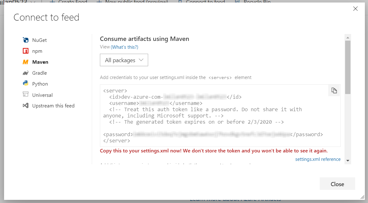 The generated server block is pasted in the Maven configuration.