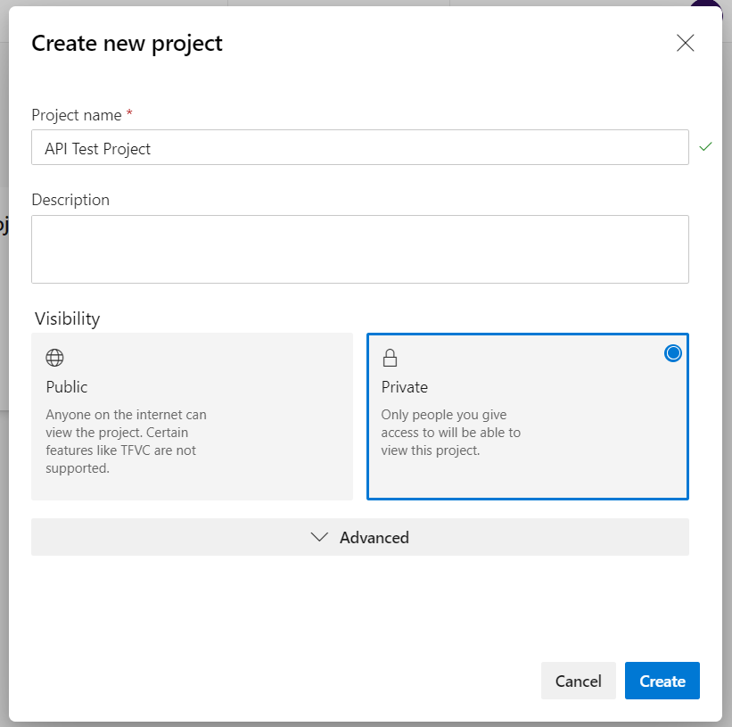 "Create new project" window with the Private option selected for the visibility.