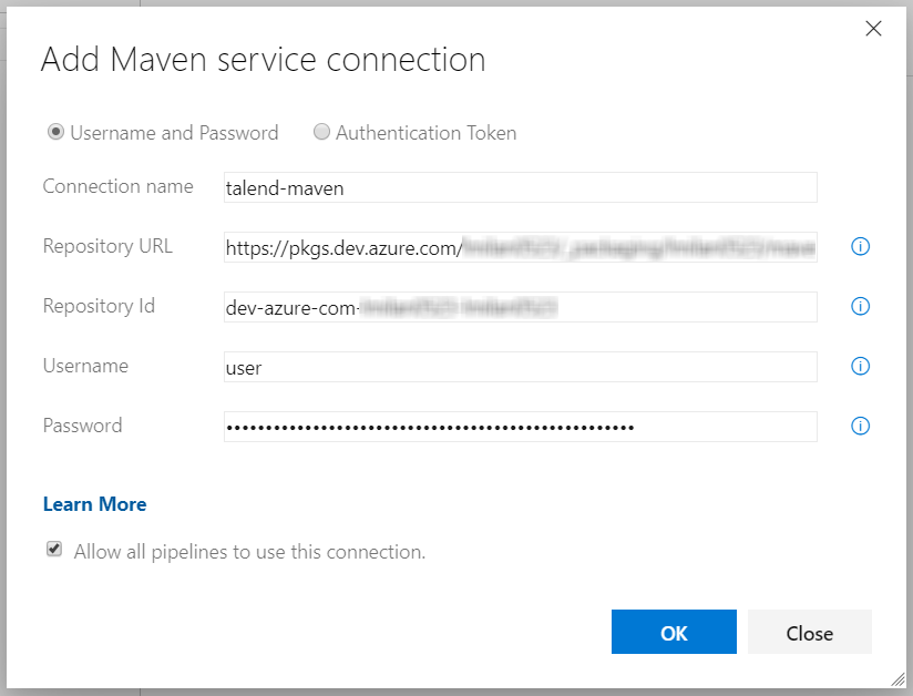 Add Maven service connection window with a configuration example: Username and Password is selected, the Connection name is "talend-maven", the Repository URL starts with "https//pkgs.dev.azure.com/", the Repository ID starts with "dev-azure-com" and the Username is "user".