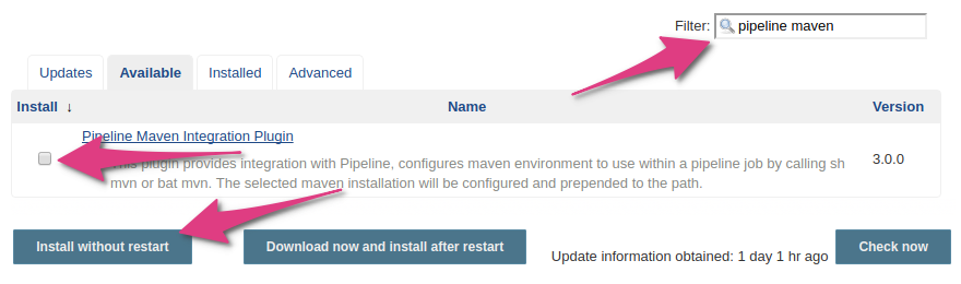 After a search for "pipeline maven", the result is "Pipeline Maven Integration Plugin".