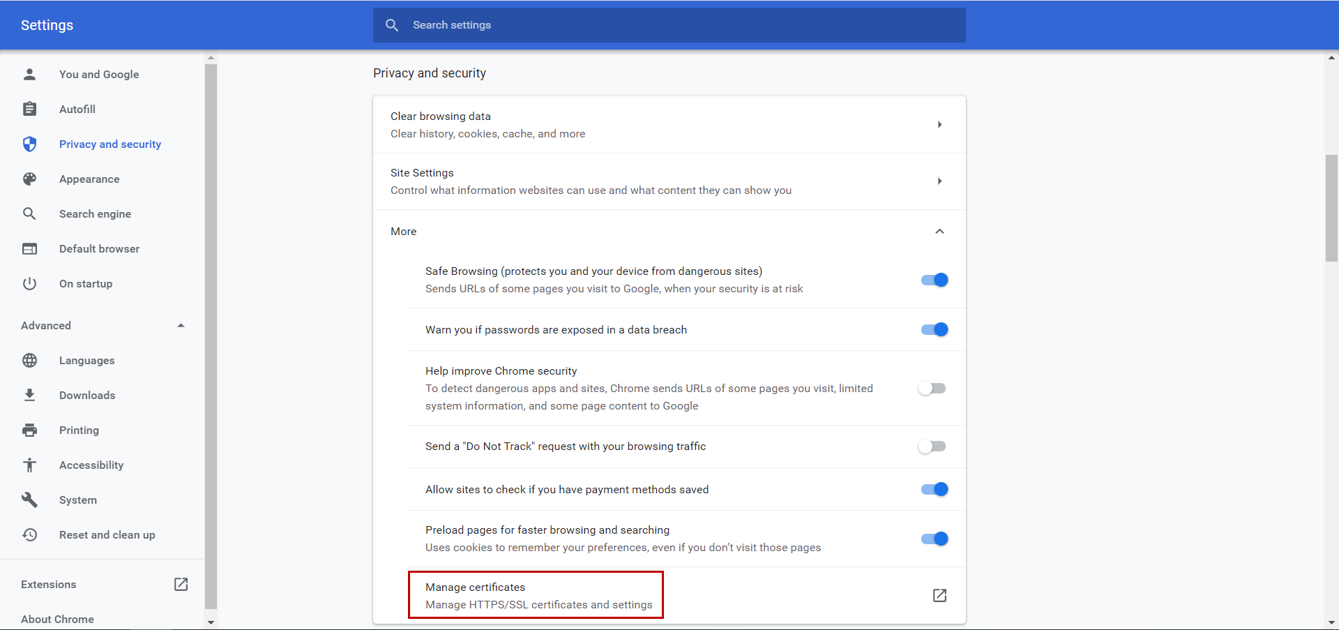 Click Manage certificates in the Privacy and security page in Chrome settings.
