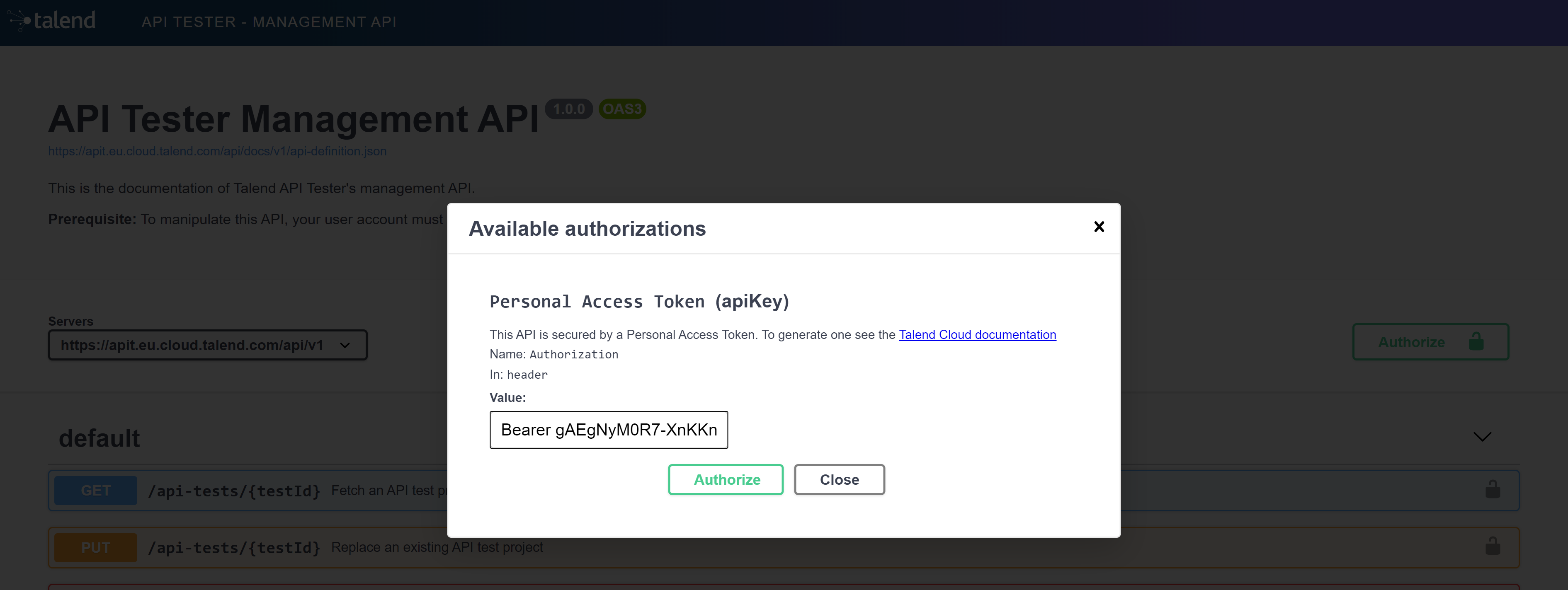 Example of a personal access token on the Swagger page.