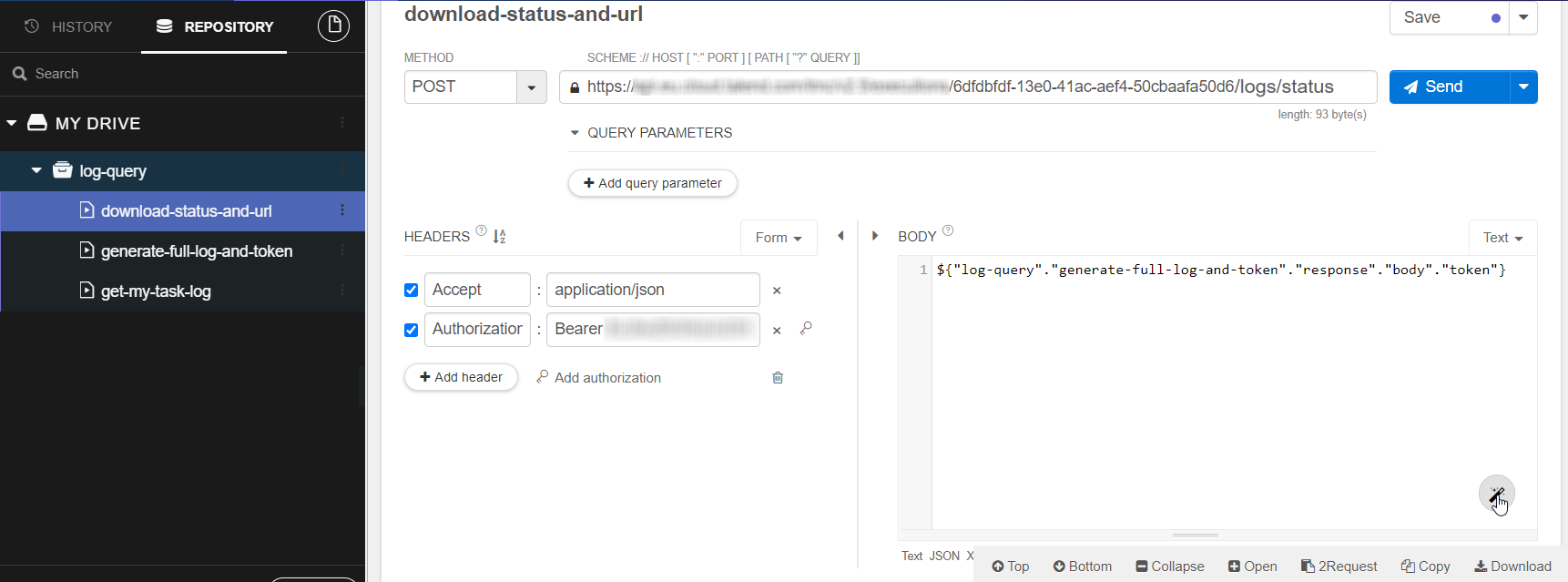 On Talend Cloud API Tester, the saved request appears in the body.
