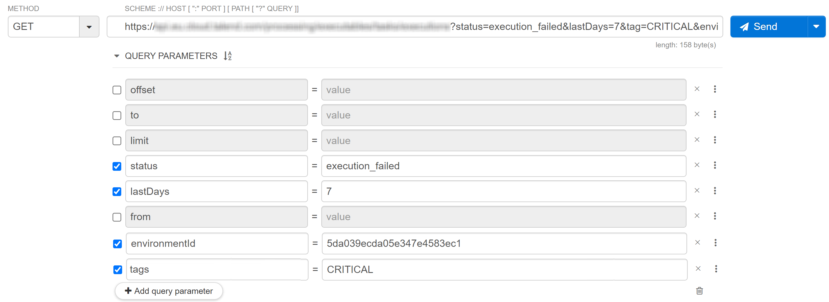 The status, lastDays, environmentId and tags parameters are selected in the query parameters of the request.