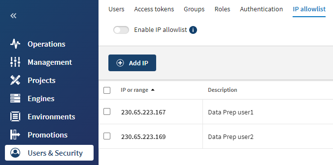 Talend Management Console lists the IPs in the "IP allowlist" tab.