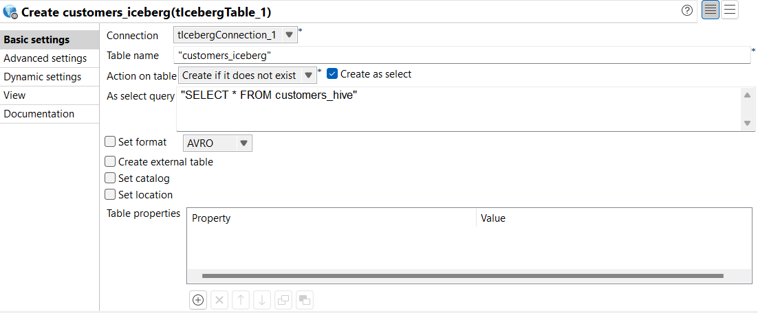 tIcebergTable component parameters.