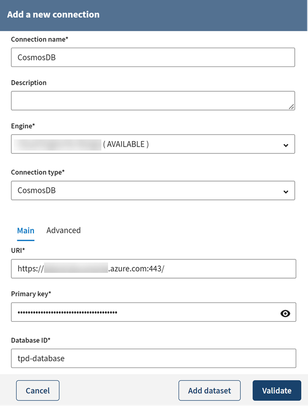 Configuration of a new Azure Cosmos DB connection.