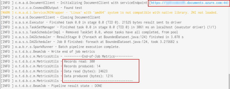 Highlight on the log of the volume of data sent to Azure Cosmos DB.