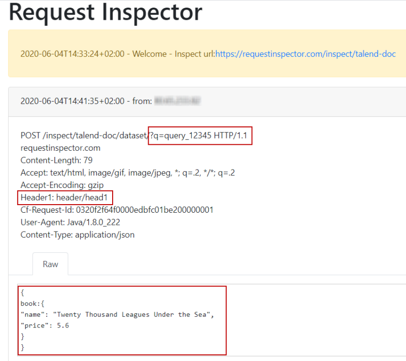 Highlight of the query parameters, the header and the body of the JSON record on the Request Inspector.
