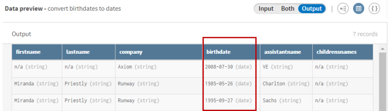 The birthdate data convert from String type to Date type in the Output data preview.