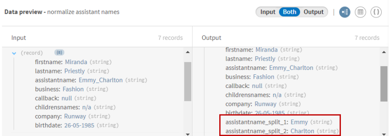 In the Output data preview, a split version of the assistant full name record is added.