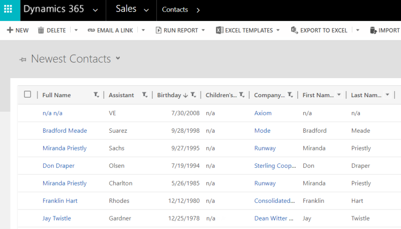 The first name and last name columns appear in the Newest contact list on Microsoft Dynamics 365.