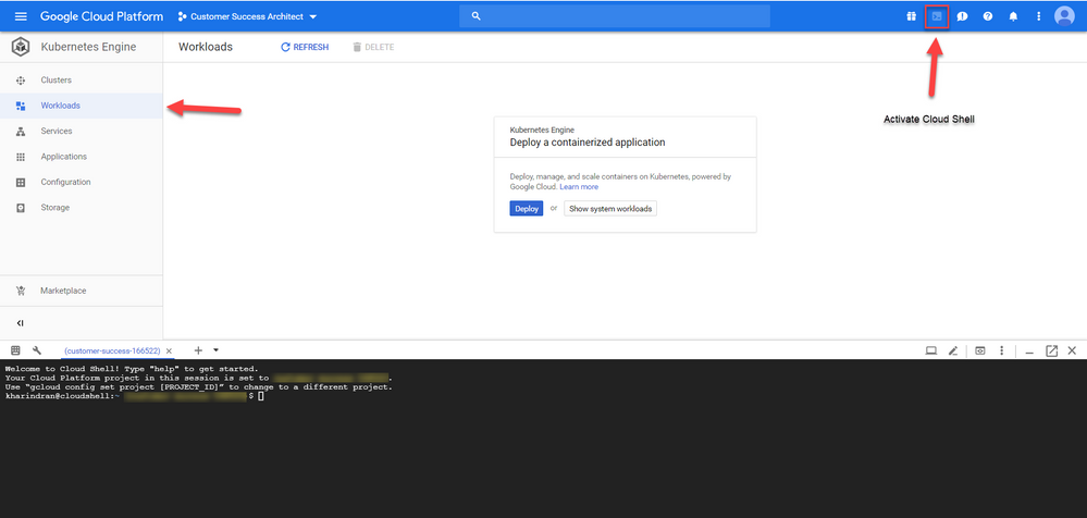 Screenshot of the Workloads tab in Google Cloud Platform with the Cloud Shell activated.