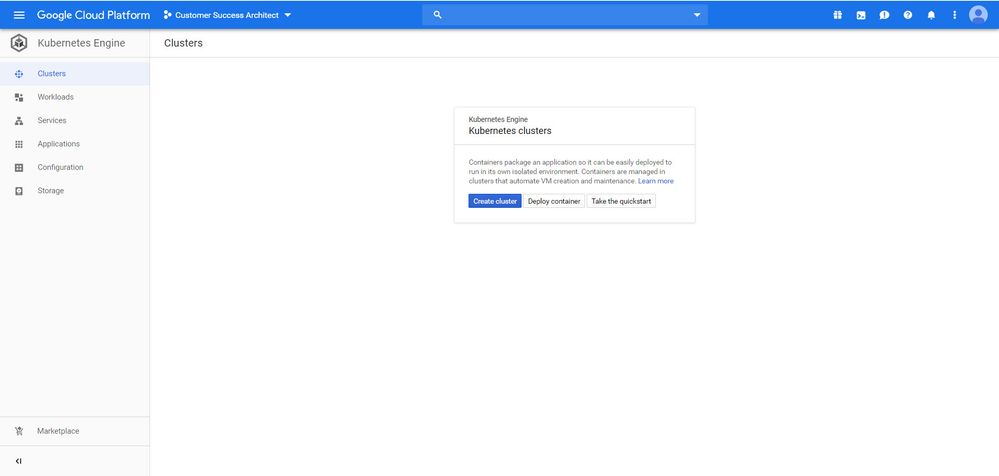 Screenshot of the Clusters tab in Google Cloud Platform.