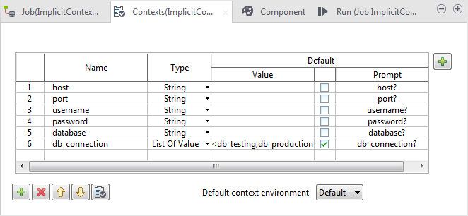 Screenshot of the Context view with the prompt message for the db_connection variable.