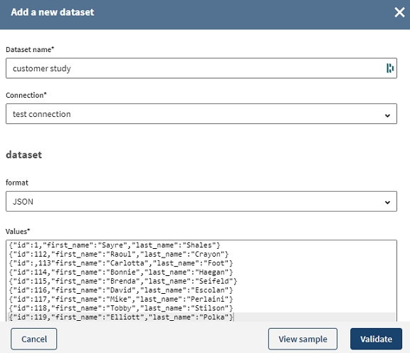 New dataset configuration page with manually-entered JSON values.
