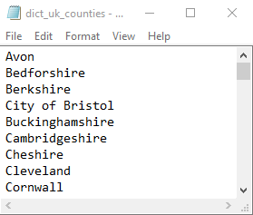 Sample of the dict_uk_counties.txt file.