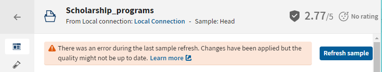 Error message about the last sample refresh from the dataset overview.