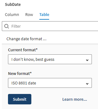 In the Table function list, the function Change date format is selected.