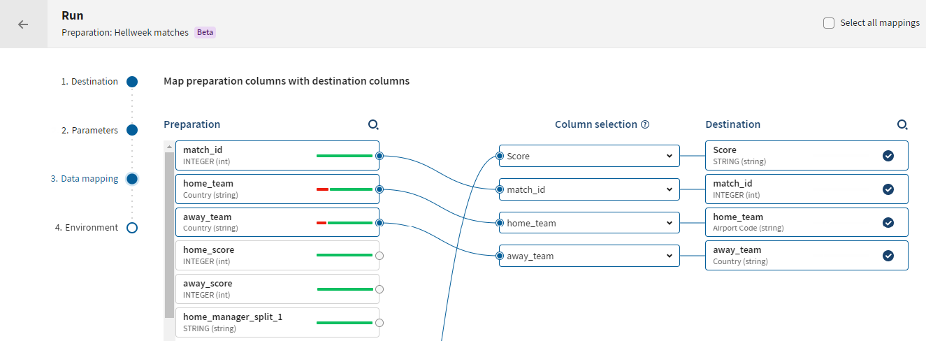 Visual mapping between preparation columns and destination columns.