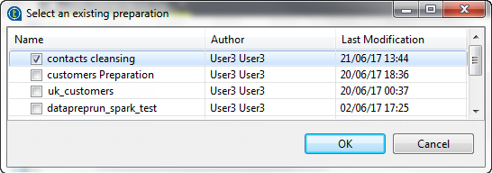 Select an existing preparation dialog box opened in Talend Studio.