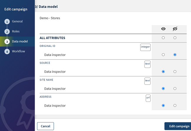 Overview of the Data model step to create a Merging campaign.