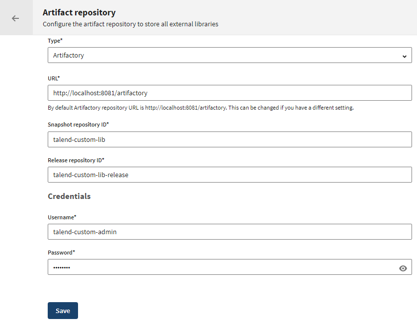 Artifact repository configuration dialog box with example values.