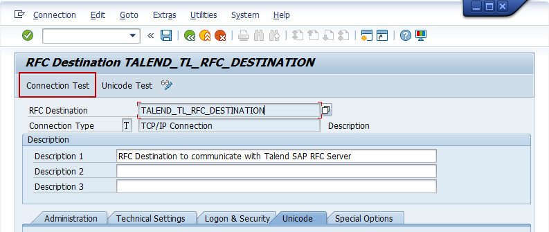 The Connection Test button is at the top of the RFC destination configuration page.