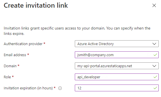 Create invitation link settings.