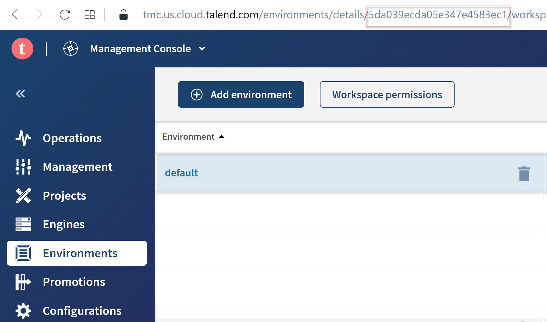 ID of the environment selected appears between the details and workspaces subdirectories of the URL.