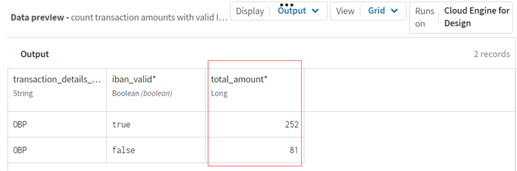 The calculated amount of transactions with valid and invalid IBAN values in the output preview.