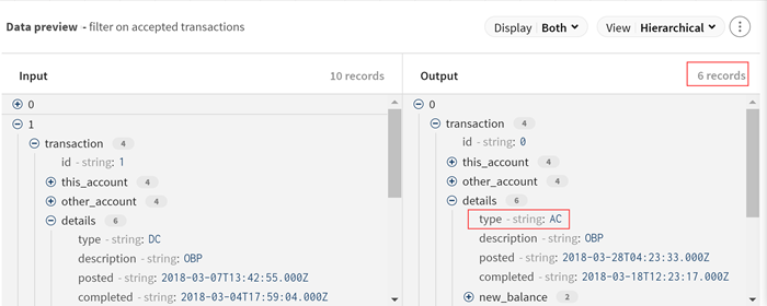 Output preview of transactions that contain the AC value for the type attribute.