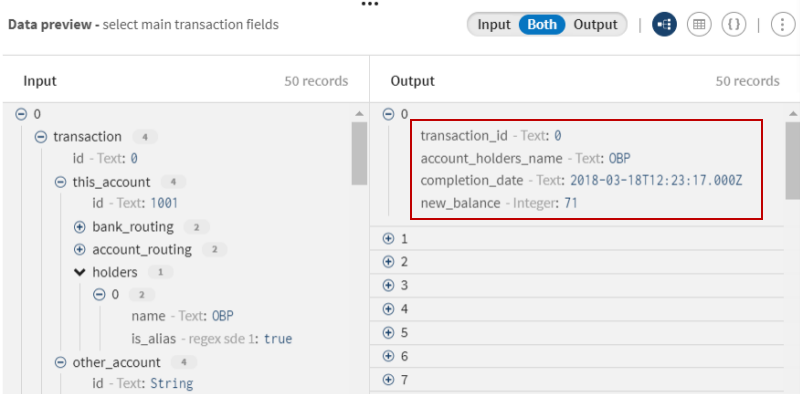 Data preview of the Field selector with the differences between the input and output records.