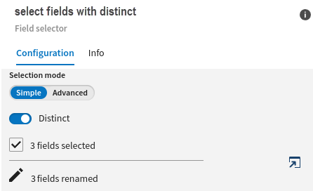 The Field selector configuration panel shows 3 selected fields with the Distinct option enabled.