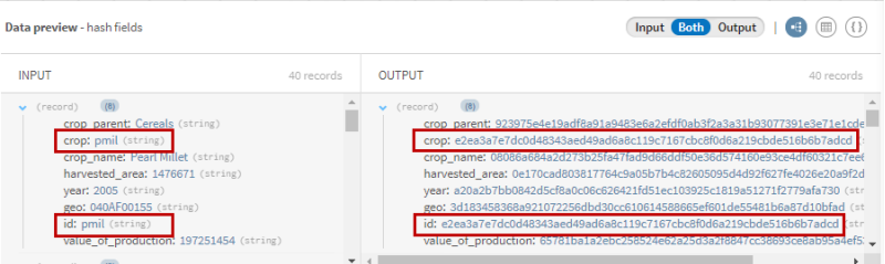 Preview of the Data hashing processor after hashing the crop and ID records.