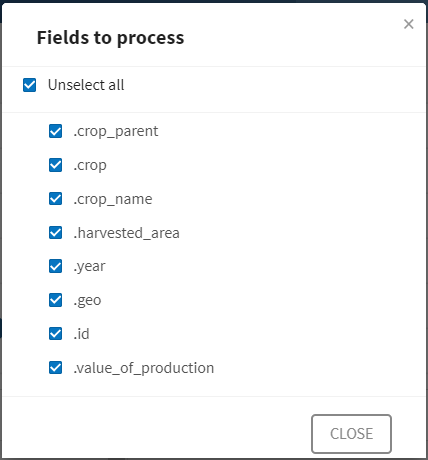 The Data hashing dialog showing the fields to process.