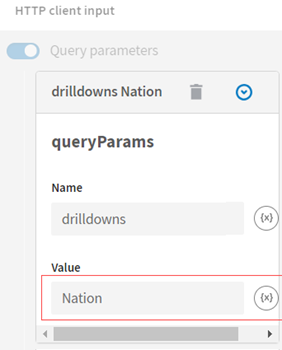 In the Configuration panel of the HTTP client source, the X icon that allows you to add context variables is highlighted next to the 'Nation' value.
