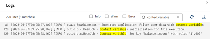 In the Logs panel, the information related to the context variables used at runtime is highlighted.