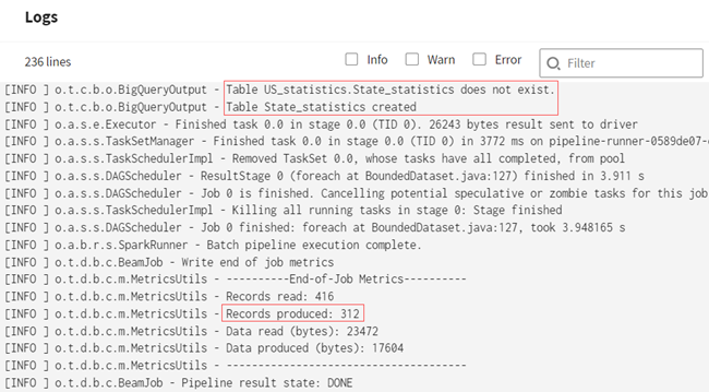 The Logs panel indicates that 312 records have been produced, and that the context variables used to retrieve US State data and create the State table on BigQuery have been applied at runtime.